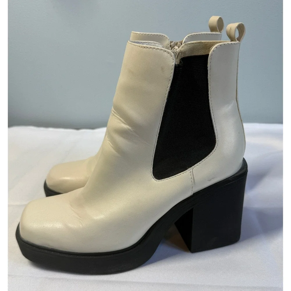 MIA Cream Square Toe Platform Ankle Boots Chunky Block Heel Lug Sole Womens 9M